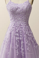 Prom Dress Unique, Lavender Lace Appliques A-line Long Formal Dress