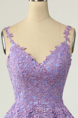 Prom Dresses Modest, Lavender Lace Appliques Princess A-line Short Prom Dress