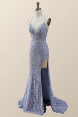 Silk Prom Dress, Lavender Lace Mermaid Long Prom Dress