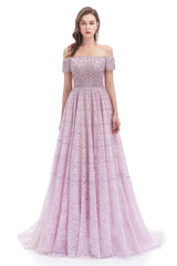 Prom Dresses Gown, Lavender Lace Off the Shoulder Beaded Sequins Sweep-Train A-Line Prom Dresses