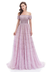 Prom Dresses Gowns, Lavender Lace Off the Shoulder Beaded Sequins Sweep-Train A-Line Prom Dresses