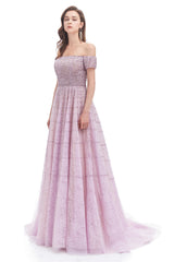 Prom Dress Gowns, Lavender Lace Off the Shoulder Beaded Sequins Sweep-Train A-Line Prom Dresses