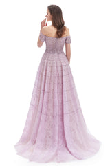Prom Dresses For Short Girls, Lavender Lace Off the Shoulder Beaded Sequins Sweep-Train A-Line Prom Dresses