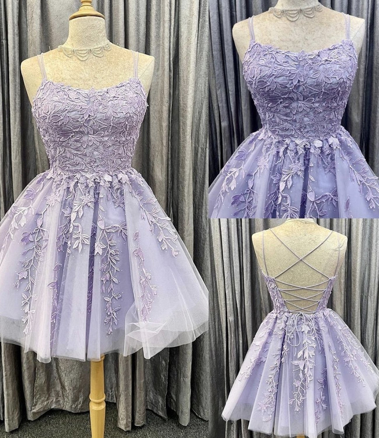 Prom Dress Curvy, Lavender Lace Short A line Homecoming Dress Fancy Cocktail Dresses