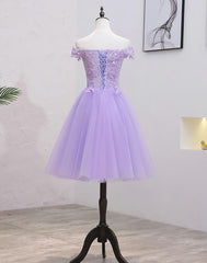 Prom Dresses Long Blue, Lavender Lace Shoulder Short Cocktail Dresses A-line