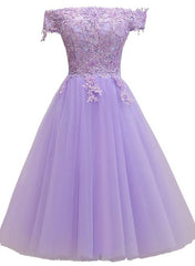 Prom Dress Long Blue, Lavender Lace Shoulder Short Cocktail Dresses A-line