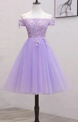Prom Dress With Pocket, Lavender Lace Shoulder Short Cocktail Dresses A-line