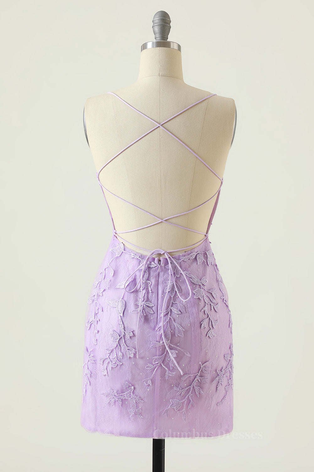 Evening Dress Elegant, Lavender Lace Straps Tight Mini Dress