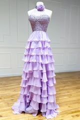 Floral Prom Dress, Lavender Long Tiered Prom Dress Ruffle High Neck With 3D Flower