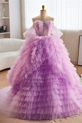 Party Dress Design, Lavender Off-Shoulder A-line Multi-Layers  Long Prom Dress