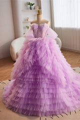 Party Dress Designs, Lavender Off-Shoulder A-line Multi-Layers  Long Prom Dress
