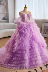 Party Dress Teens, Lavender Off-Shoulder A-line Multi-Layers  Long Prom Dress