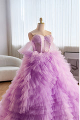Party Dress Maxi, Lavender Off-Shoulder A-line Multi-Layers  Long Prom Dress