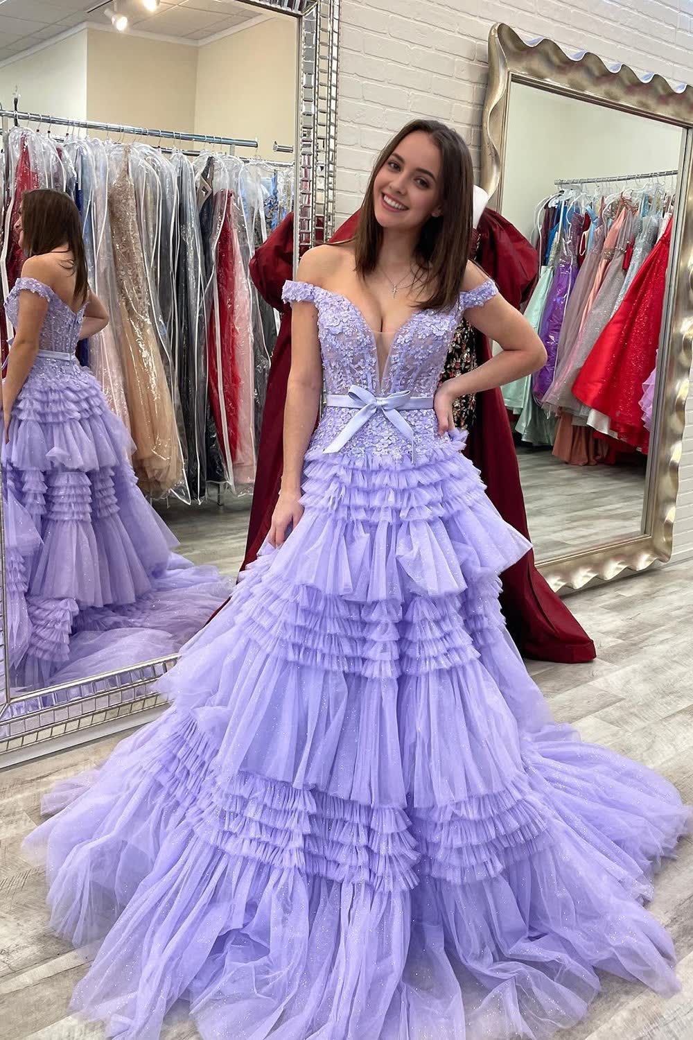 Lavender Off Shoulder Tiered Prom Dress with Lace
