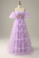 Bridesmaid Dress 2086, Lavender Off-the-Shoulder Puff Sleeves Ruffles A-line Long Prom Dress