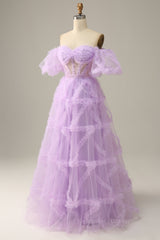 Bridesmaid Dresses Mismatched Colors, Lavender Off-the-Shoulder Puff Sleeves Ruffles A-line Long Prom Dress