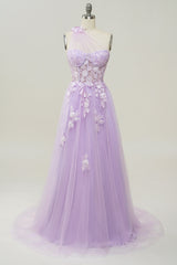 Prom Dresses Long Elegant, Lavender One Shoulder Appliques Long Formal Dress