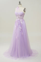Prom Dress Long Elegent, Lavender One Shoulder Appliques Long Formal Dress
