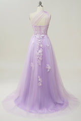 Prom Dresses Silk, Lavender One Shoulder Appliques Long Formal Dress
