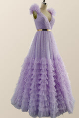 Prom Dress Two Pieces, Lavender Princess Tiered Ruffles Long Formal Dress