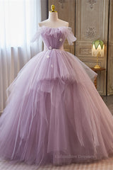 Party Dress Inspiration, Lavender Ruffled Strapless Floral Applique Long Prom Dress with Pearl Sash