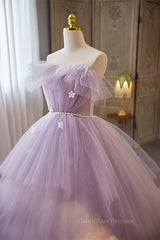 Party Dress Trends, Lavender Ruffled Strapless Floral Applique Long Prom Dress with Pearl Sash