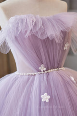Party Dresses Ladies, Lavender Ruffled Strapless Floral Applique Long Prom Dress with Pearl Sash