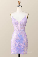 Prom Dresses V Neck, Lavender Sequin Appliques Tight Mini Dress