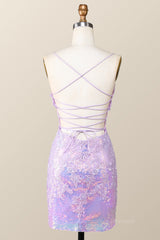Prom Dress Store Near Me, Lavender Sequin Appliques Tight Mini Dress