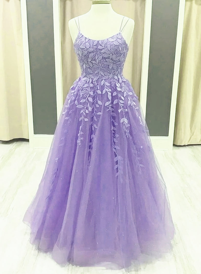 Formal Dresses Vintage, Lavender Spaghetti-Straps Lace Appliques Tulle Floor Length, Lavender A-Line Prom Dress