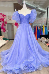 Formal Dresses Modest, Lavender Strapless A-Line Organza Court Train Prom Dress with Puff Sleeves