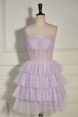Party Dress Outfits, Lavender Strapless Dot Tulle Multi-Layers Homecoming Dress
