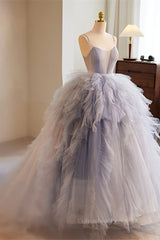 Party Dress Prom, Lavender Straps A-line Ruffle Layers Long Prom Dress