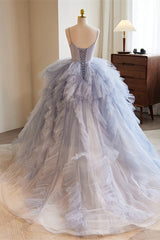 Party Dresses Prom, Lavender Straps A-line Ruffle Layers Long Prom Dress