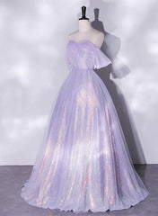 Prom Shoes, Lavender Tulle and Sequins Long Prom Dress, Off Shoulder A-line Party Dress