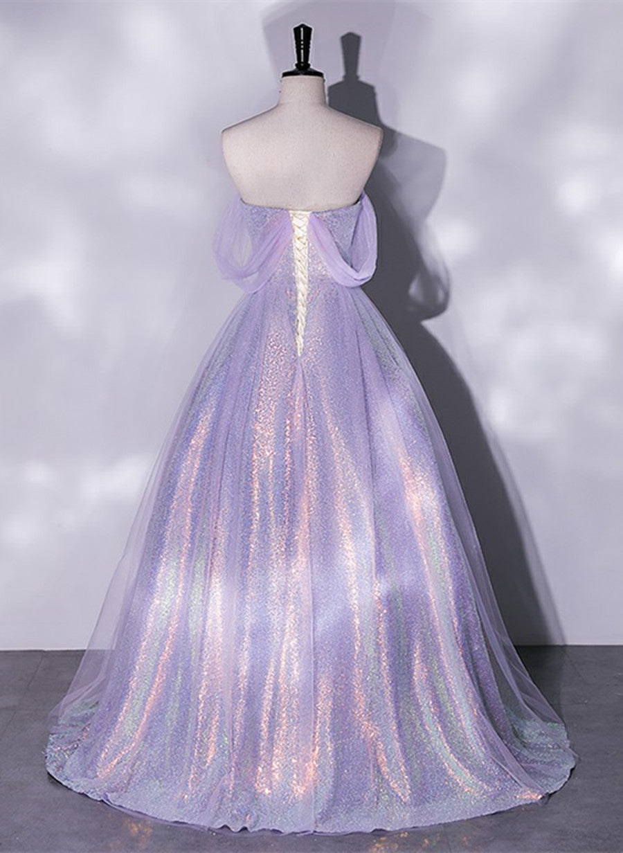 Silk Wedding Dress, Lavender Tulle and Sequins Long Prom Dress, Off Shoulder A-line Party Dress