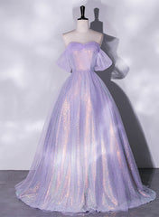 Wedding Inspiration, Lavender Tulle and Sequins Long Prom Dress, Off Shoulder A-line Party Dress