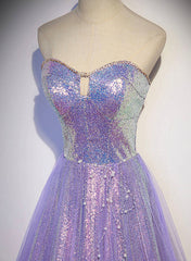 Party Dresses Shorts, Lavender Tulle and Sequins Sweetheart Long Pary Dress, A-line Prom Dress Formal Dresses