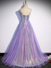 Party Dress Classy, Lavender Tulle and Sequins Sweetheart Long Pary Dress, A-line Prom Dress Formal Dresses