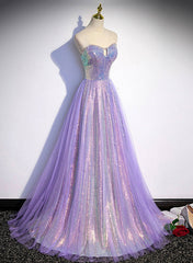 Party Dresses Outfit, Lavender Tulle and Sequins Sweetheart Long Pary Dress, A-line Prom Dress Formal Dresses