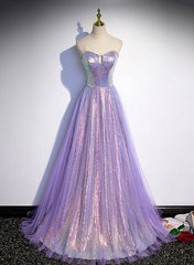 Party Dress Styling Ideas, Lavender Tulle and Sequins Sweetheart Long Pary Dress, A-line Prom Dress Formal Dresses