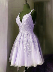Formal Dresses For Wedding, Lavender Tulle Short Straps Party Dress Homecoming Dress, Tulle Short Prom Dress