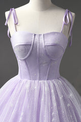 Bridesmaids Dresses Websites, Lavender Tulle Straps Floor Length Evening Dress, Lavender A-Line Prom Dress