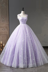 Bridesmaid Dresses Websites, Lavender Tulle Straps Floor Length Evening Dress, Lavender A-Line Prom Dress
