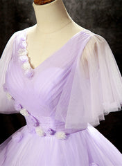 Bridesmaid Dress With Lace, Lavender Tulle V-neckline Sweet 16 Dress with Flowers, Lavender Formal Dress Prom Dress