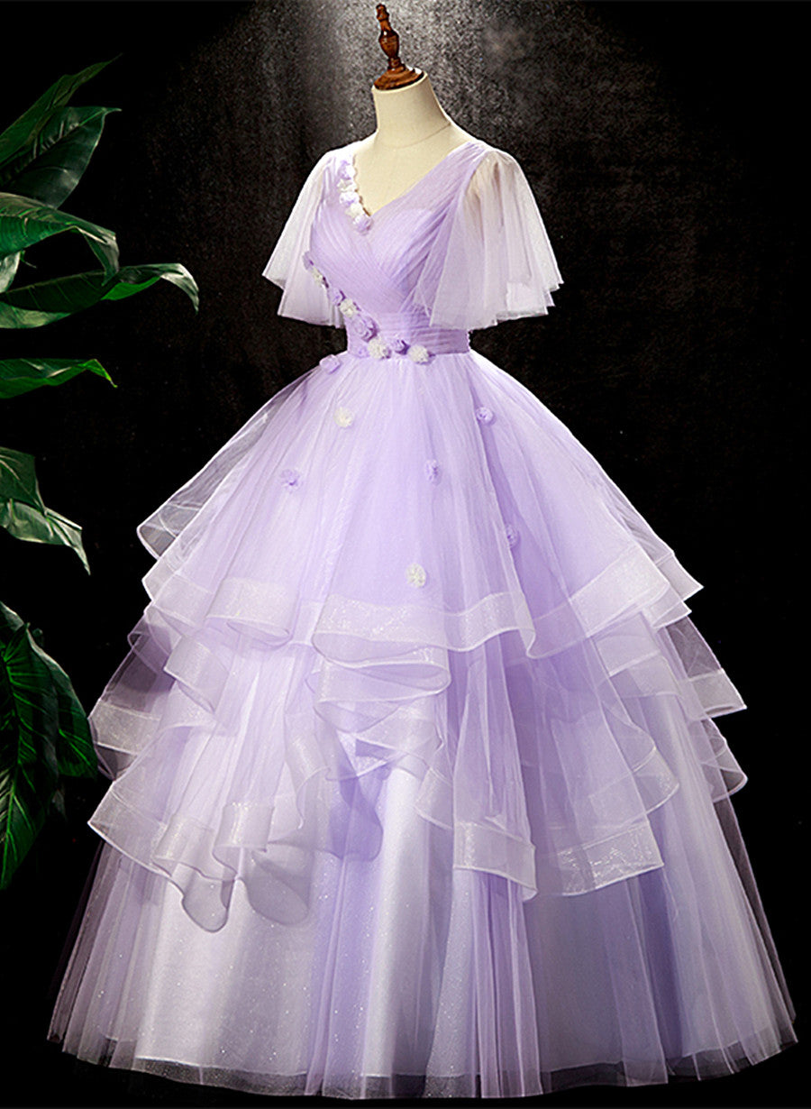 Bridesmaids Dresses With Lace, Lavender Tulle V-neckline Sweet 16 Dress with Flowers, Lavender Formal Dress Prom Dress