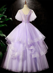 Bridesmaid Dresses With Lace, Lavender Tulle V-neckline Sweet 16 Dress with Flowers, Lavender Formal Dress Prom Dress