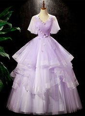 Bridesmaids Dress With Lace, Lavender Tulle V-neckline Sweet 16 Dress with Flowers, Lavender Formal Dress Prom Dress