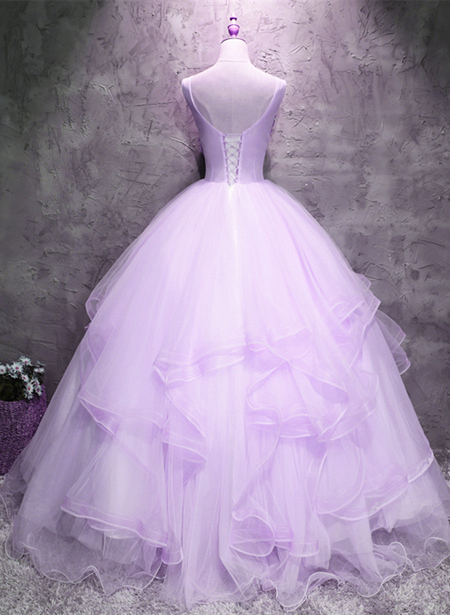 Party Dress Maxi, Lavender Tulle with Flowers Ball Gown Sweet 16 Dress, Lavender Long Formal Dress