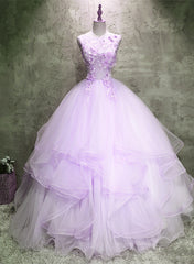 Party Dress Designs, Lavender Tulle with Flowers Ball Gown Sweet 16 Dress, Lavender Long Formal Dress